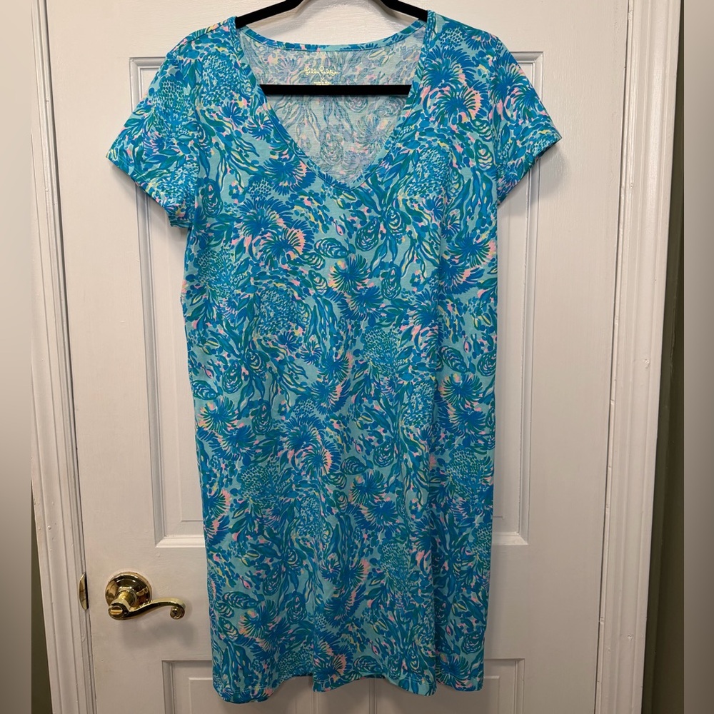 Lilly Pulitzer‎ Blue Patterned Short Sleeve V-Neck Dress Size Medium
